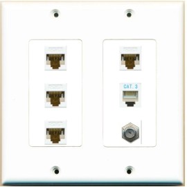 Wallplate City 4 Port CAT6 Ethernet Coax Phone Wall Plate [ 2 GANG ] White