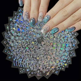 30 Sheets Star Nail Stickers Moon Nail Art Stickers 3D Embossed Self Adhesive Nail Decals Holographic Nails Design Aurora Line Bow Heart Nail Art Decals for Women Manicure DIY Decoration