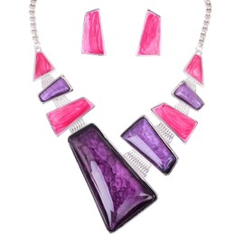 Fenni Jewelry Women Irregular Geometric Shape Chunky Bib Statement Necklace and Earrings Jewelry Set for Dress (Pink_Purple)
