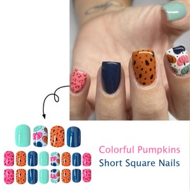 LWTZLW Fall Cute Pumpkin Press on Nails Short Square Thanksgiving Fake Nails Colorful Dot Design Autumn Glue on Nail Reusable Acrylic Stick on Nail for Women