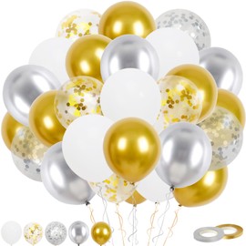 White and Gold Balloons, 60Pcs 12Inch White Latex Balloons Metallic Gold Silver Confetti Balloons with Ribbon for Girls Boys Birthday Baby Shower Wedding Graduation Engagement Party Decoration