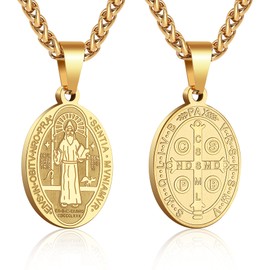P. BLAKE Gold St. Saint Benedict Pendant Necklace for Men Boys, Stainless Steel San Benito Medalla Religious Medal Chain