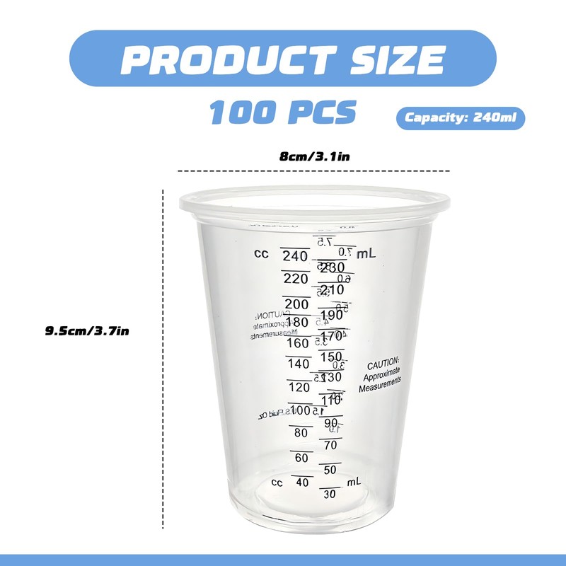 100 Pack Plastic Measuring Cups - 8 oz Mixing Cups