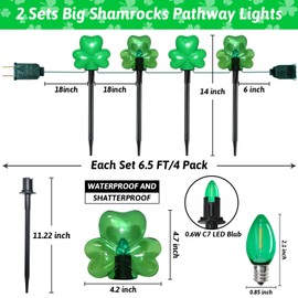 2*4 Pack LED St. Patricks Shamrock Pathway Lights for St. Patricks Day Decorations, Green Lucky Clover Pathway Stake Lights Outdoor Waterproof, UL Certified for Lawn Yard Walkway Irish Decor, Plug In