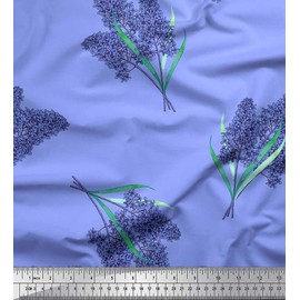 Soimoi Blue Poly Crepe Fabric Lavender Flower Print Fabric by Yard 52 Inch Wide
