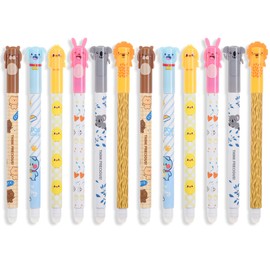 Pack of 12 Erasable Gel Pens Black/Blue Ink Cute Cartoon Erasable Pen Tip 0.5 mm Lead Diameter Ball at the End for Removing Ink without Wearing the Sheet for Students School Office
