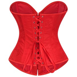 Dreay Women's Breathable Corset Top Floral Jacquard Overbust Lace Up Waist Trainer for Women Frill Trim Boned Bustier 26046B-Red-XL