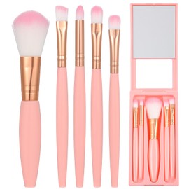 5pcs Travel Makeup Brush Set with Mirror, Function Cosmetic Brushes Kit - Makeup Tool Set for Eyeshadow, Easy-taken Mini Make up Brush Sets Perfect for On The Go (Pink)