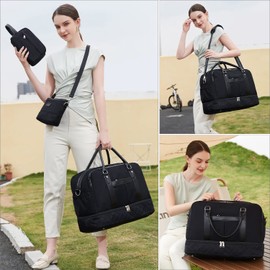 BOVIP Weekender Bags for Women Overnight Bag Large Nylon Travel Duffel Bag with Shoe Compartment Carry On Tote Bag for Airplane Travel Gym 3-IN-1 Pure Black Set