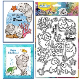 CHGCRAFT Manatee Pattern Clear Stamps Turtle, Seaweed, Starfish Transparent Embossing Silicone Stamp Seal for DIY Scrapbooking and Card Making Paper Craft Decor 6.3 × 4.3 in