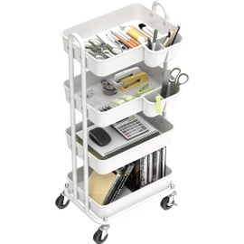 Simple Houseware 4-Tier Multifunctional Rolling Utility Cart with Hanging Buckets, White