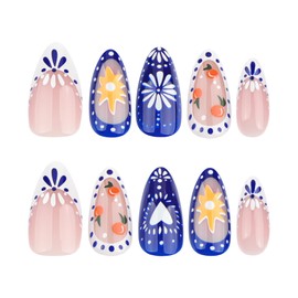 LYMCY Press on Nails French,Blue and White French Smokey Flower Short Almond Fake Nails, Artificial Nails for Women and Girls -24 pcs