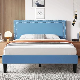 VECELO Queen Size Bed Frame with Adjustable Upholstered Headboard, Wooden Slats Platform, Noise-Free Design, Easy Assembly