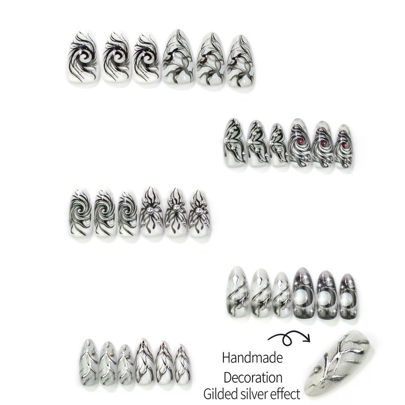 30Pcs Gothic Almond Press on Nails, Black Swirl Butterfly Moon
