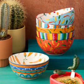 Caliente 28-Ounce All Purpose Bowls, Set of 6, 6.25-Inch, Bold Chili Pepper & Southwestern Patterns, Durable & Stylish for Pasta, Salads, Soups, Snacks, and Festive Dining