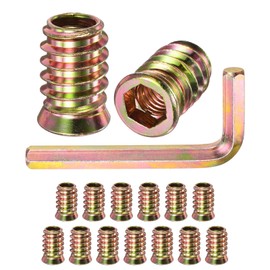 M METERXITY 15-Pack Threaded Inserts for Wood, 3/8-16 x 25mm Hex Drive Threaded Insert Nuts with a Wrench for Wood Furniture, Threaded Screw-in Nuts [Gold Tone]