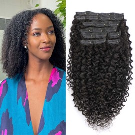 Jreitsere Kinky Curly Clip-In Hair Extensions, 100 g, 8 Pieces, 18 Inch Real Hair Extensions, Clip-In Remy Clip-In Extensions, Natural Hair Extensions Real Hair