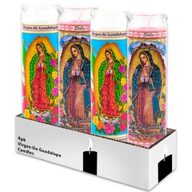 Our Lady of Guadalupe Devotional Candle 4 Pack - Bundle with 2 Pink and 2 White Lady of Guadalupe Glass Prayer Candles for Vigils, Prayers, Blessing, Religious Ceremonies | Unscented Religious Candles