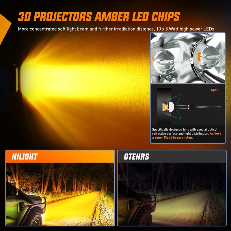 Nilight LED Light Bar Amber 2Pcs 7 Inch 30W Spot