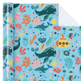 WRAPAHOLIC Ocean Wrapping Paper Roll - Mini Roll - 17 Inch x 9.8 Feet - Whales Dolphins Sea Blue Design for Boys Girls Kids Birthday, Baby Shower