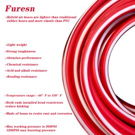 Air Hose 1/4 in x 50 ft, Heavy Duty, Lightweight, Kink Resistant, Hybrid Air Compressor Hose with 1/4 in Solid Brass Male Fittings, Bend Restrictors, 300 PSI(50FT, Red White)