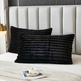 Uhamho Bed Pillowcase Standard Set of 2 Striped Faux Rabbit Fur and Velvet Back Rectangle Lumbar Pillow Covers Shams Modern Home Decorative (Black, 20 x 26 Inch)