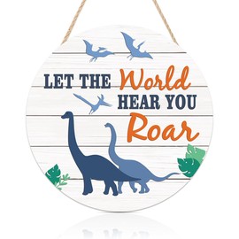 TOARTi Dinosaur Inspirational Quote Wood Hanging Sign Plaque, Let The World Hear You Saying Wooden Door Hanger, Rustic Dinosaur Wall Art for Boys Bedroom Playroom Decor (12''x12'')