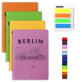 XYTMY A5 Size 4 Packs Writing Journal,Colorful Notebooks Set with European Landmark Cities Pattern and Lined Paper,PU Leather Bound Journal for School and Kids,Blank Subject Notebooks(Random Colors)