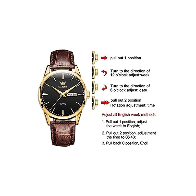 OLEVS Men Watch Brown Leather Strap Large Black Face Analog