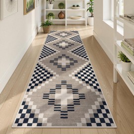 Beeiva Boho Checkered Hallway Runner Rug 8ft, Ultra Thin Black Kitchen Runner Rugs Non Skid Washable 8 ft, 2.5x8 Farmhouse Stain Resistant Floor Carpet for Hallways Entryway Bedroom, Black