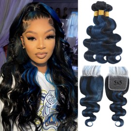 ALHER 10A Black Mix Blue Highlight Bundle with 5x5 Closure Human Hair Body Wave, #1B/Blue Colored Subtle Bundles with Closure 100% Unprocessed Remy Hair 3 Bundles with HD Lace Closure 14 16 18+14 Inch