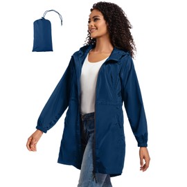 SaphiRose Women's Long Packable Raincoat Waterproof Rain Jacket Lightweight Outdoor Windbreaker with Hood (Blue,L)