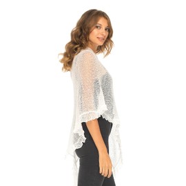 SHU-SHI Womens Sheer Poncho Shrug Lightweight Knit Ruffle Sweater Top White