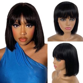 Belaved Short Bob Wig with Bangs Straight Human Hair Natural Black Bang Bob Wig Glueless Minimalist 2x1 Lace Scalp Bob Bang Wig for Black Women 12 Inch