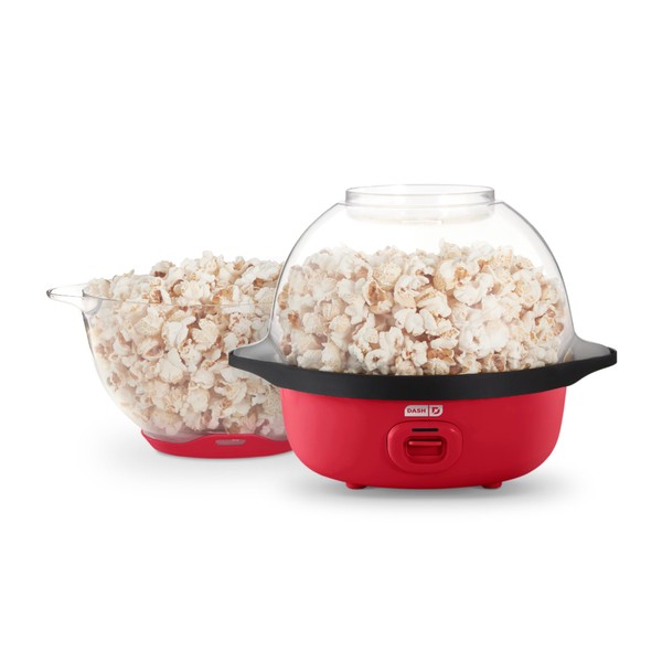 DASH SmartStore™ Stirring Popcorn Maker, 3QT Hot Oil Electric Popcorn Machine with Clear Bowl, 12 Cups - Red