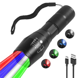 WINDFIRE Multicolor Flashlights Rechargeable, 4 Color in 1 LED Tactical Flashlight with White Blue Green Red Light, Built-in Battery, Zoomable, for Camping Hiking Fishing Hunting Astronomy