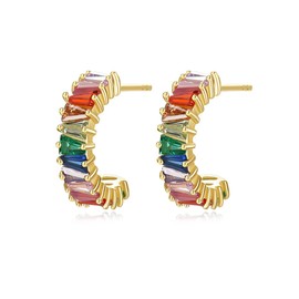 Gdirection 925 Sterling Silver Cubic Zirconia Colorful Rainbow C Shape Earrings for Women, Multicolor CZ Zircon Gemstone Pave 18K Gold Plated Stud with Friction Back and Gift Box