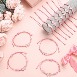 Liliaafar 24 Pack Coquette Bow Braid String Bracelets Gift Bulk Adjustable String Rope Braided Coquette Birthday Party Favor for Graduation Cheer Dance Team Friends Gift(Pink)