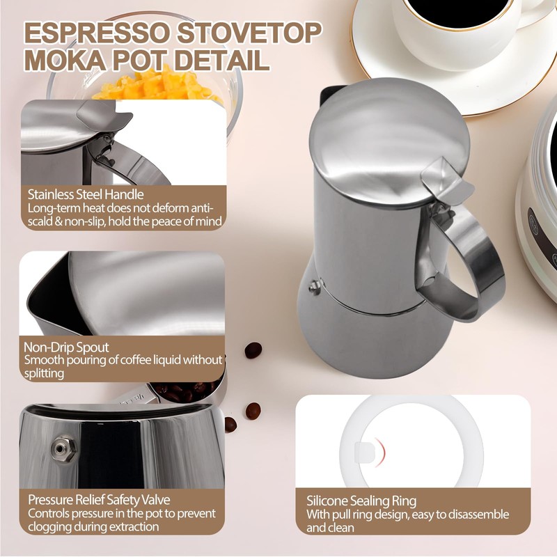 Uncoated 2 Cup Moka Pot 304 Thickened Stainless Steel Coffee