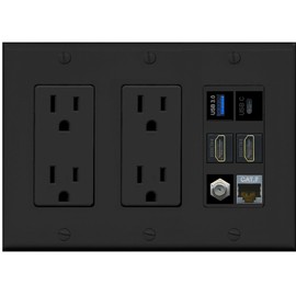 RiteAV USB 3 USB C 2 HDMI Coax Cat7 Wall Plate - 3G Dual Outlet [Black/Black]