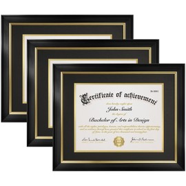 FrameMind 8.5x11 Diploma Frame with Black over Gold Acid-free Mat or Display 11x14 Document without Mat, Certificate Frame with Tempered Glass, Tabletop or Wall Mount (3 Pack, Black/Black)