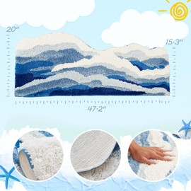 SiliPacks Blue Cute Coastal Beach Themed Bath MatsOcean Wave Tufted Bathroom Rugs, Cute Coastal Beach Themed Bath Mats, Non-Slip Washable Bath Rugs for Bathroom Bedroom Kitchen Decor(20" x47.2")