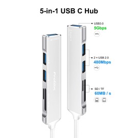 SD Card Reader, 5 in 1 USB C Adapter with SD/Micro SD Card Reader, 1 USB 3.0, 2 USB 2.0, Multiport USB C SD Card Reader for SD, MMC, Micro SD, TF, SDXC, SDHC, Micro SDHC, Micro SDXC (Silver)