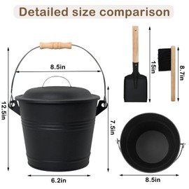 Poofzy Ash Bucket with Lid and Shovel, 1.3 Gallon Fireplace Bucket for Ashes, Includes Hand Broom and Gloves for Fire Pit, Wood Burning Stove and Grill