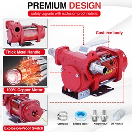 TOPWAY 12V DC Gasoline Fuel Pump 10GPM Self-priming Oil Transfer Pump With Handle, Overheat Protection, Explosion-Proof, Built-in Bypass, for Gasoline Fuel Diesel Kerosene Removal,Red
