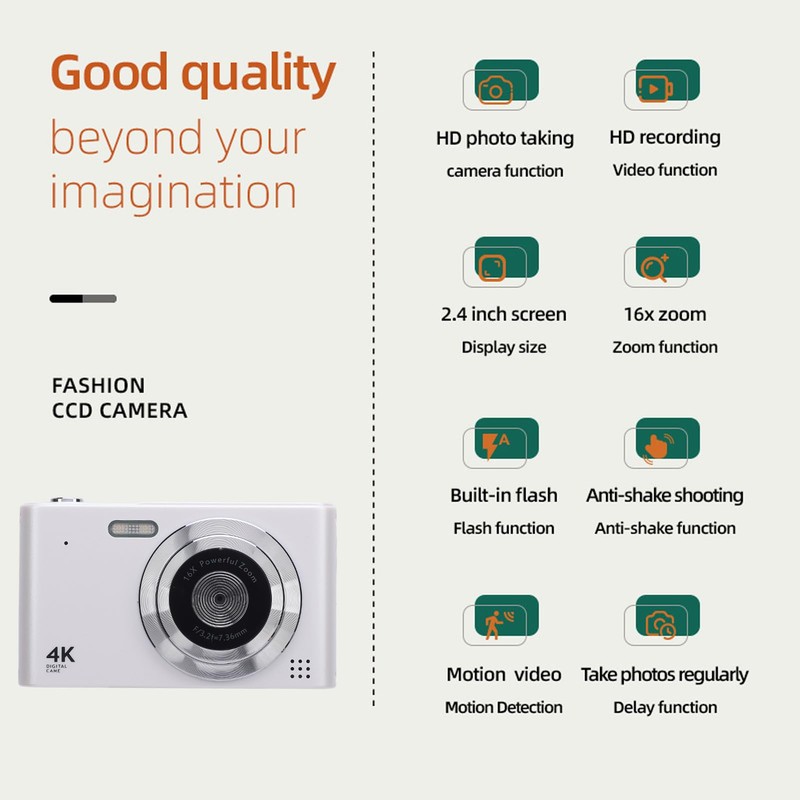 Digital Camera, 16X Zoom 48MP 2.4 Inch Screen Flash Anti