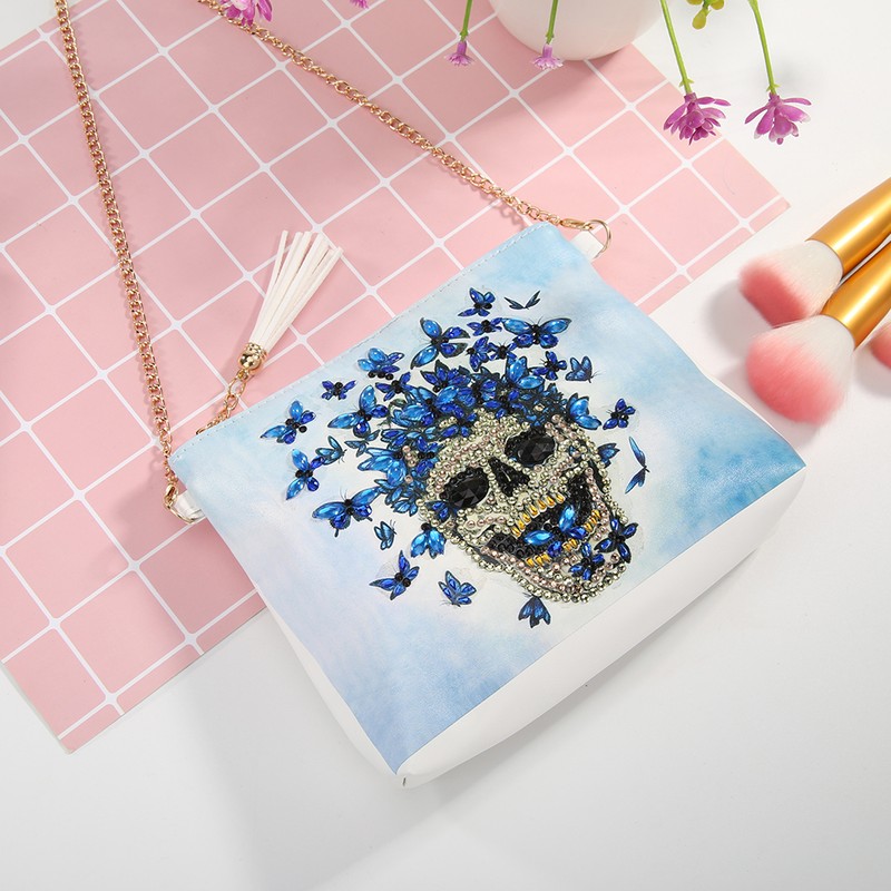 Diamond Painting Wallet White PU Leather Skull Pattern Chain Bag