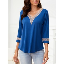 Camisas de manga 3/4 para mujer, estilo informal, con cuello en V, con diseño de guipur, Azul oscuro, L