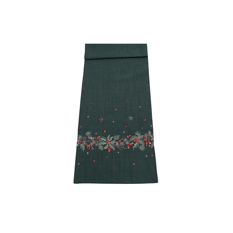 Holly Trail Embroidered Green Christmas Table Runner 14”x 75”