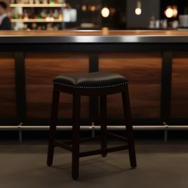 Bar Stool 24 Inch Espresso Finish Black Leather Seat Wood Frame Traditional Design Bar Furniture Commercial Usecolor: as Pic Color